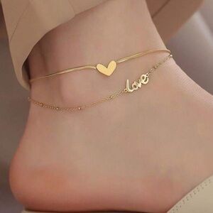Gold Love Heart Double Layer Anklet 18K Gold Plated Stainless Steel